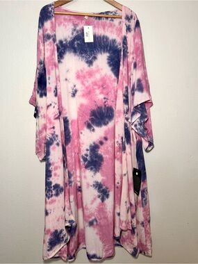 Loralette NWT Tie Dye Kimono Duster Cardigan Pink Purple Blue Plus 18/20